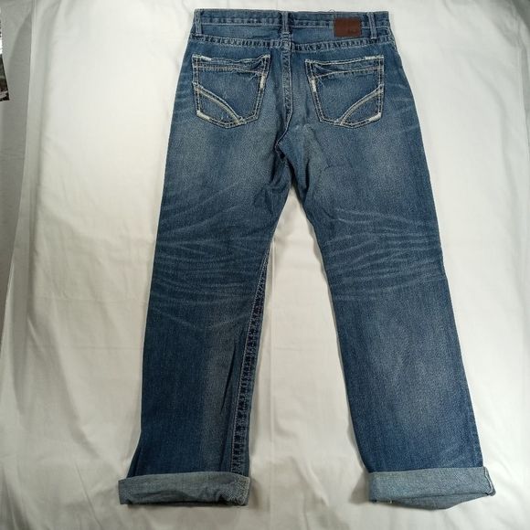 BKE Denim Tyler straight leg men's 33L cuffed 5 pocket distressed whiskered - Picture 5 of 11